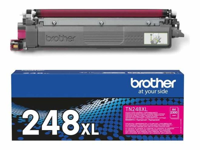 Copy Electronic vam predstavlja BROTHER TN248XLM Magenta Toner Cartridge [TN248XLM]. Na fotografiji senalazi toner i kutija od tonera. Na kutiji je označena boja i broj tonera. Toner je crne boja a kutija je plave, i na kutiji je logo do Brother-a