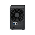 Copy electronic vam predstavlja Synology DS223 DiskStation 2-bay NAS server, 2.5"/3.5" HDD/SSD podrška. Na fotografiji je crno kućište koje je okrenuto tako da se vidi  stražnja strana gdje se nlazi ventilator.
