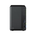 Copy electronic vam prestavlja Synology DS223 DiskStation 2-bay NAS server. Na fotografiji je crno kućište. Vidi se prednja strna gdje su upravljački gumbi.
