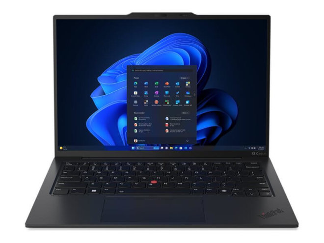 Copy electronica vam predstavlja Laptop LENOVO ThinkPad X1 Carbon U7 14" OLED 32GB, 1T SSD, Win11Pro, 3y [21KC006GSC]. Na fotografiji je laptop pod kutom od 90 stupnjeva. Vidi se prednja strana. Laptop je crne boje a ekran ima plavo-crnu pozadinu.