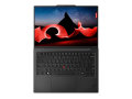 Copy electronica vam predstavlja Laptop LENOVO ThinkPad X1 Carbon U7 14" OLED 32GB, 1T SSD, Win11Pro, 3y [21KC006GSC]. Na fotografiji je crni laptop koji je otvoren pod kutom od 180 stupnjeva. Vidi se prednja strana , na ekranu je crveno - crna pozadina.