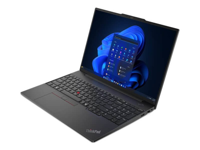 Copy electronic vam predstavlja Laptop LENOVO ThinkPad E16 G2 R5 16" 16GB, SSD512GB, DOS 3y [21M5001WSC]. Na fotografiji je crni laptop, malo je zakrneut u lijevu stranu pa se vidi i dio desne bočne strane. Otvoren je pod kutom od 90stupnejva.