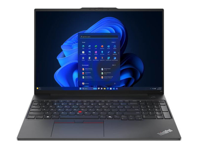 Copy Electronic vam predstavlja Laptop LENOVO ThinkPad E16 G2 U5 16" 16GB, 512GB SSD, Win11Pro 3y [21MA0020SC]. Na fotografiji je crni laptop koji je otvoren pod kutom od 90 stupnjeva. Vidi se prednji dio. Na ekranu je plavo - crna pozadina