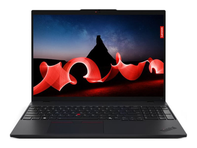 Copy electronic vam predstavlja Laptop LENOVO ThinkPad L16 G1 U7 155U 16" 32GB, SSD1TB Win11Pro [21L3002XSC]. Na fotografiji je crni laptop, otovren je pod kutom od 90%. Vidi se prednja strana, na ekranu je crveno crna pozadina.