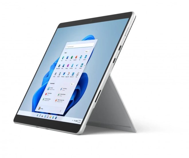 Copy Electronic vam predstavlja MS Srfc Pro 8 i5/8/128 SC CEE EM [8PN-00006], Na fotografiji je tablet upaljeni i postavljen na stalku. tablet je srebrne boje. Na ekranu je plava pozadina