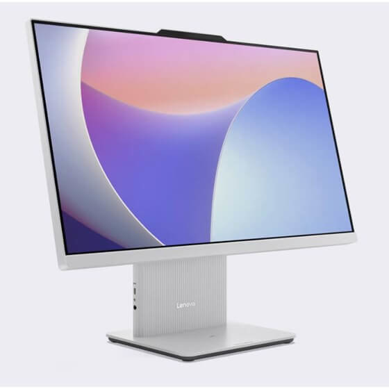 Copy Electronica vam predstavlja Stolno računalo LENOVO IdeaCentre All in One 3 24IRH9 i5-13420H 23.8" [F0HN001ASC].Na fotografiji je svijetlo srebrno kučitše račnala, Na ekranu je svijetlo plava pozadina. Računalo je malo zakrenuto u desnu stranu.