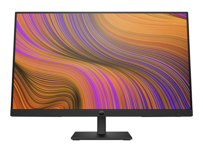Copy Electronic vam predstavlja Monitor HP P24h G5 23.8i FHD (EN) [64W34AA#ABB], Na fotografiji je crni monitor, prikazana je prednja strana na kojoj je slika sa rozim i žutim prugama.