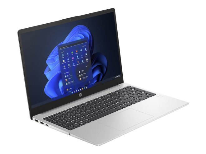 Copy electronic vam predstavlja Laptop HP 255 G10 R5 7530U 15.6" 16GB, 512GB, Win11Home [9Y798ET#BED]. Na fotografiji je srebrni laptop. Vidljiva je prednja strana i laptop je malo zakrenut u desnu stranu. Otvoren je pod kutom od 90 stupnjeva. Na ekranu je crno plava pozadina.