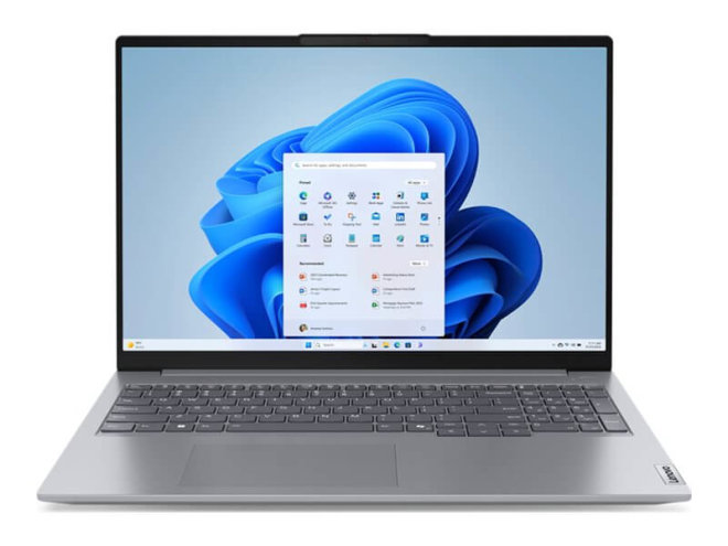 Copy electronic vam predstavlja Laptop LENOVO ThinkBook 16 G7 U5 125U 16" 16GB, SSD 512GB, DOS [21MS005MSC]. Na fotografiji je srebrni laptop, otovren je pod kutom od 90 stupnjeva. Vidi se prednja strana, na ekranu je svijetlo plava pozadina.