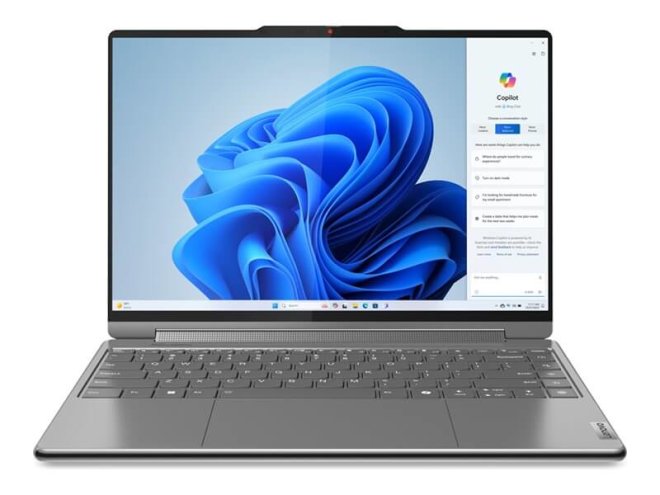 Copy electronic vam predstavlja Laptop LENOVO Yoga 9 2in1 14IMH9 Ultra 7 155H, 32GB, 1T, Win11Pro [83AC002FSC]. Na fotografiji je srebrni laptop, otvoren je pod kutom 90 stupnjeva. Na ekranu je svijetloplava pozadina