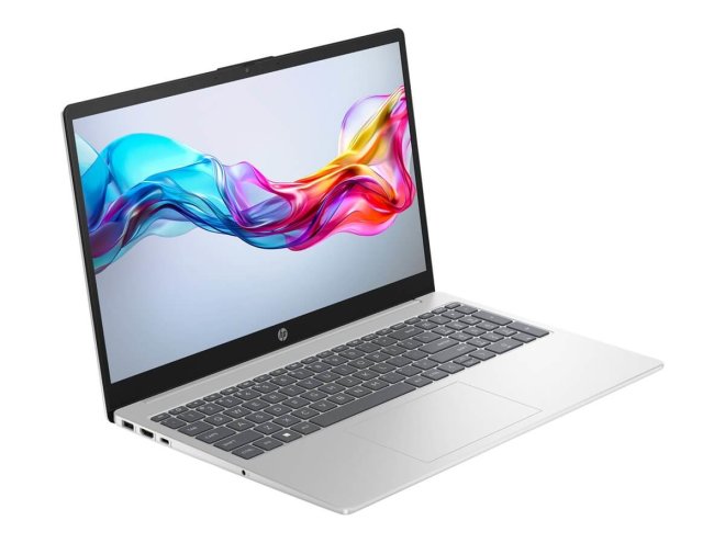 Copy electronic vam predstavlja Laptop HP 15-fd0100nm i5-1334U 16GB, SSD512GB, IPS [B17X7EA#BED]. Na fotografiji je srebrni laptop koji ima crnu tipkovnice. Vidi se prednja strana a laptop je malo zakreut u desnu stranu, na ekranu je svijetlo plava pozadina