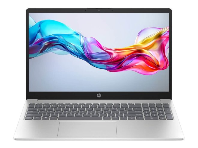Copy electronic vam predstavlja Laptop HP 15-fd0100nm i5-1334U 16GB, SSD512GB, IPS [B17X7EA#BED]. Na fotografiji je srebrni laptop koji ima crnu tipkovnice. Vidi se prednja strana, na ekranu je svijetlo plava pozadina