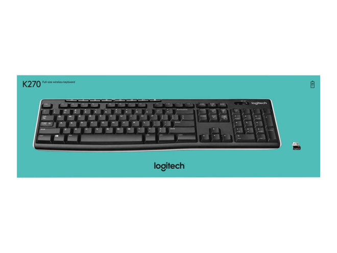 Copy Electronic vam predstavlja Tipkovnica Logitech K270 Wireless (HR)(P) [920-003738]. Na fotografiji je kutija od tipkovnice, koje je zelene boje. Na kutiji je slika tipkovnice, logo od Logitech i model tipkovnice.
