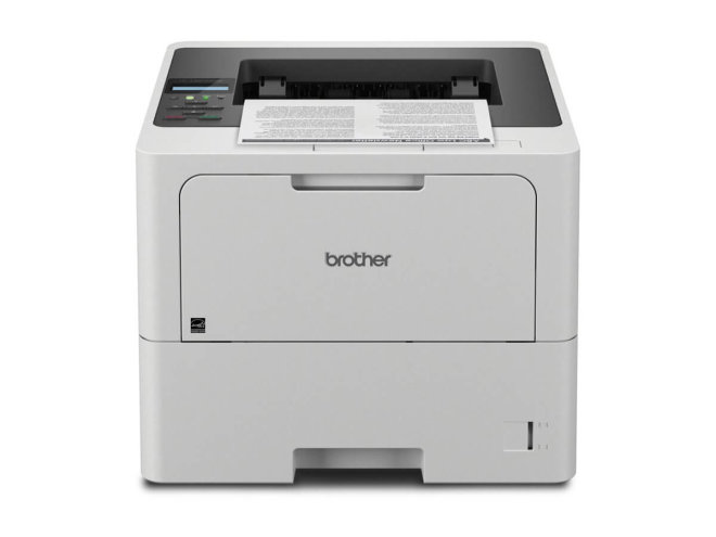 Copy electronic vam predstavlja Printer BROTHER HL-L6210DW Mono B/W. duplex, GLAN, WiFi [HLL6210DWRE1]. Na fotografiji je sivi printer, vidi se prednja strana. Na gornjem dijelu je izlazni dio za papir a sa lijeve strane su upravljački gumbi.