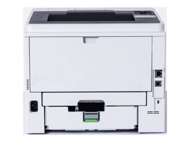 Copy electronic vam predstavlja Printer BROTHER HL-L6210DW Mono B/W. duplex, GLAN, WiFi [HLL6210DWRE1. Na fotografiji je sivi printer. Vidi se stražnja strana na kojoj su ulazi za mrežu i za strujni adapter