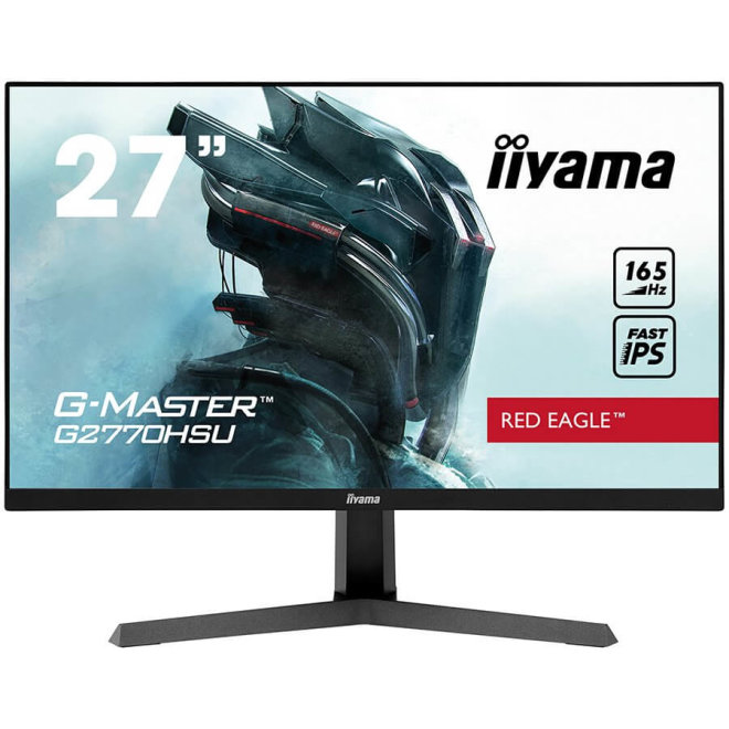 Copy Electronic vam predstavlja Monitor IIYAMA G-Master G2770HSU-B1 27" Fast (FLC) IPS LCD,165Hz,Full HD 1920x1080. Na fotografiji je crni monitor, vidi se prednja strana, na ekranu je plavo bijela pozadina sa slikom ratnika.