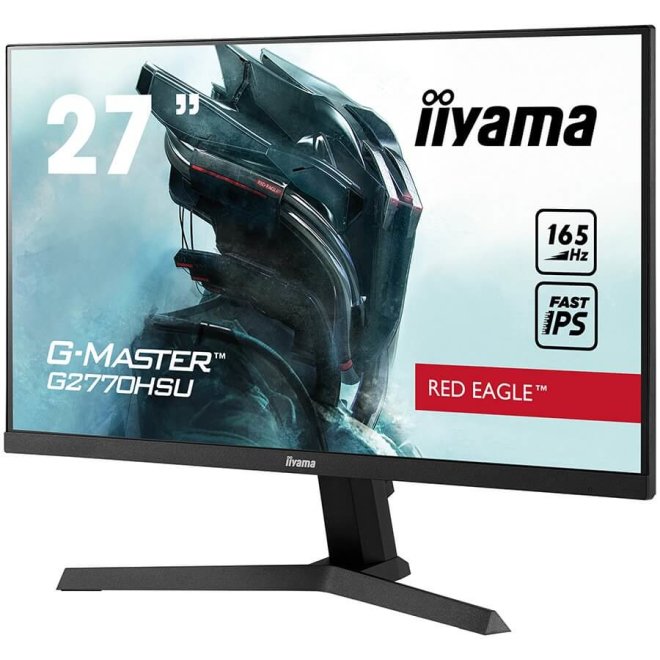 Copy Electronic vam predstavlja Monitor IIYAMA G-Master G2770HSU-B1 27" Fast (FLC) IPS LCD,165Hz,Full HD 1920x1080. Na fotografiji je crni monitor, vidi se prednja strana. Monitor je malo zakrenut u desno. Na ekranu je plavo bijela pozadina sa slikom ratnika.