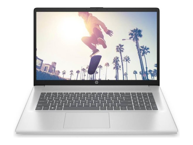 Copy electronic vam prredstavlja Laptop HP 17-cn3029nm 17.3" i5-1334U, 16GB, 512GB SSD, Free dos [9N4F0EA#BED]. Na fotografiji je srebrni laptop koji je otvoren poid kutom od 90 stupnjeva. Vidi se prednja strana, tipkovnica je crne boje a ekran ima svijetlo plavu pozadinu.