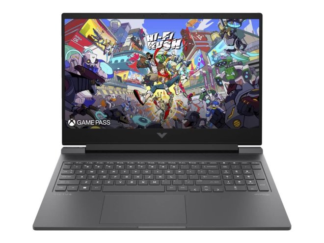 Copy electronic vam predstavlja Laptop-HP VICTUS 16-s1023nm R7 8845HS 16.1", 32GB, SSD1T, GeForce RTX 4070 8GB, Free DOS [B0UC7EA#BED]. Na fotografiji je crni laptop. Otovren je pod kutom od 90 stupnjeva. Vidi se prednja strana, na ekranu je slika gamepass