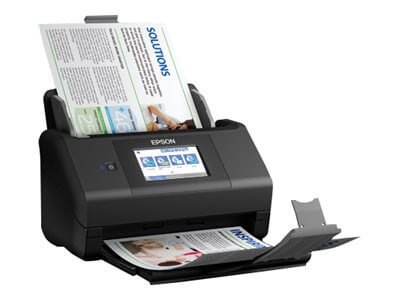 Copy electronic vam predstavlja Skener EPSON WorkForce ES-580W, ADF, duplex, 35ppm, [B11B258401]. Na fotografiji je crni skener. Vidi se prednja strana i dio bočne jer je skenre malo zakrenut u desnu stranu. Naprednjoj strani je lcd zaslon. U skeneru se nalazi par komada papira spremnog za skeniranje.