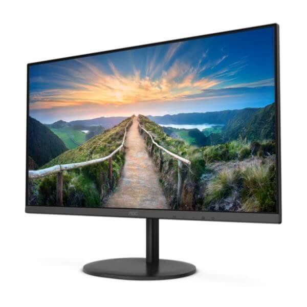 Copy electronic vam predstavlja Monitor AOC Q27V4EA 27", IPS, 2560x1440, 75 Hz, HDMI, DP, vesa. Na fotografiji je crni monitor, vidi se prednji dio. Na ekranu je slika pejzaža