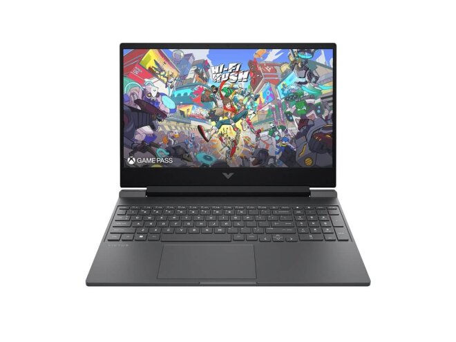 Copy electronic vam predstavlja Laptop HP VICTUS 15-fb3702nm R5 8645HS 15.6", 16GB, SSD512GB, RTX 3050 6GB, [BA2L4EA#BED]. Na fotografiji je crni laptop koji je otvoren pod kutom od 90 stupnjeva . Vidi se prednja strana.