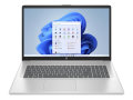 Copy Electronic vam predstavlja Laptop HP 17 cn3028nm i5-1334U 17.3" 16GB, 512GB, Win11H [9N4E9EA#BED]. Na fotografiji je srebrni laptop, koji je otovren pod kutom od 90 stupnjeva. Vidi se prednja strana, laptop ima crnu tipkovnicu, na ekranu je plava pozadina.