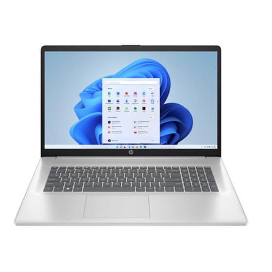 Copy electronic vam predstavlja Laptop HP 17-cp2035nm R5 7520U 17.3", 16GB, SSD512GB, Win11 [B9PW0EA#BED]. Na fotografiji je srebrni laptop koji je otovren pod kutom od 90 stupnjeva. Ima crnu i tipovnicu i plavu pozadinu na ekranu. Vidi se prednja strana