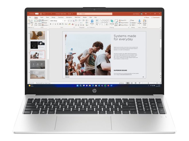 Copy electronic vam predstavlja Laptop HP 250 G10 i5-1334U 15.6" 16GB, SSD512GB, Free dos  [B39Q7AT#BED]. Na fotografiji je srebrni laptop, koji je otvoren pod kutom od 90 stupnjeva. Vidi se prednja strana. Na ekranu je prezentacija u PDF-u. Laptop ima crnu tipkovnicu.