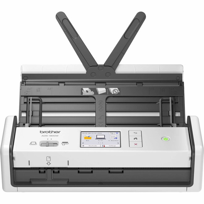 Copy electronic vam predstavlja kener Brother ADS-1800W, mobilni, Scan to Email/SMB/Cloud, A4 format. na fotografiji crno bijeli printer. Vidi se prednja strana