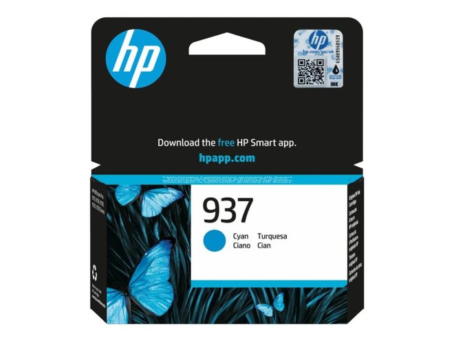 Copy electronic vam predstavlja Tinta HP 937 Cyan Original Ink [4S6W2NE#CE1].Na fotografiji je kutija od tinte. Kutija je crno bijela sa plavim detaljima