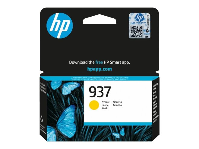 Copy electronic vam predstavlja Tinta HP 937 Yellow Original Ink [4S6W4NE#CE1]. Na fotografiji je žuta tinta. Kutija od tinte je crno bijele boje sa detaljima plave.