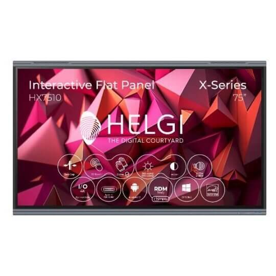 Copy electronic vam predstavlja Interaktivni ekran Helgi HX7510, Zero-Gap, 75" DLED 4K / UltraHD. Na fotografiji je crni ekran, pozadina na ekranu je crvena, a tekst na ekranu je bijele boje. Na ekranu je napisan model i tehnike značajke za taj model.