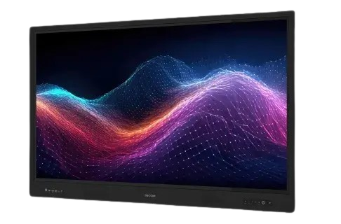 Copy electronic vam predstavlja Interaktivni ekran Ricoh A7510, 75". Na fotografiji se vidi prednja strana ekrana, pozadine ekrana je crna sa ljubičastim detaljima