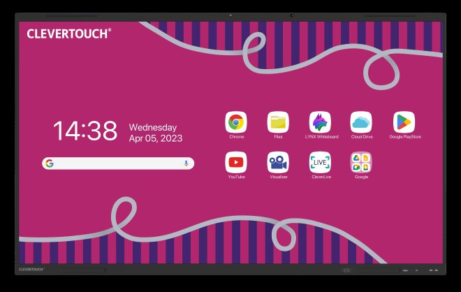 Copy electronic vam predstavlja Interaktivni ekran Clevertouch 65" Impact LUX, DLED 4K, Android 13, 8GB, 128GB. Na fotografiji je prednja strana ekrana. Na ekranu je crvena pozadina