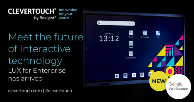 Copy electronic vam predstavlja Interaktivni ekran Clevertouch 65" Impact LUX Enterprise. Na fotografiji prednja strana ekrana, koji je zakrenut malo u desnu stranu. Pored ekrana je dodatni tekst koji pojašnjava kvalitetu.