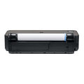 Copy electronic vam predstavlja Ploter HP DesignJet T230 24. Na fotografiji je prednja strana printera. Printer je crne boje. Sa prednje strane je izlazni dio za papir I tu se nalazi jedan papir na kojem su nacrti za kuću.