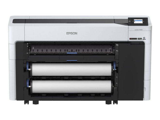 Copy electronic vam predstavlja Ploter EPSON SC-T5700D 36" Dual Roll PS, color, InkJet, WiFi, LAN, [C11CH81301A0]. Na fotografiji je bijeli ploter, vidi se prednja strana. Sa desne strane se nalazi display u boji. A sa prednje strane se nalaze dva valjka za papir.