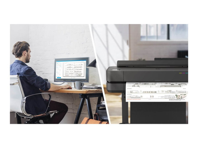 Copy electronica vam predstavlja Ploter HP DesignJet T650 24" 2025. Na fotografiji su dvije manje fotografije. Na jednoj je printer a na drugoj je ured u kojem sjedi muškarac za radnim stolom
