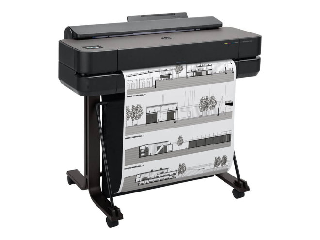Copy electronica vam predstavlja Ploter HP DesignJet T650 24" 2025. Na fotografiji je prednja strana printera, ali je printera malo zakrenut u desnu stranu. Na prednjoj strani je izlazni papir