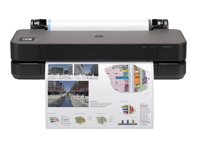 Copy electronic vam predstavlja Ploter HP DesignJet T250 24" Colour Ink-Jet A1, 2400x1200dpi 0.58 min/page USB, LAN, Wi-Fi, 2025 [5HB06D#B19]. Na fotografii je crni ploter. Vidi se prednja strana, sa stražnje strane je valjak za papir, a sa prednje strane je isprintani papir