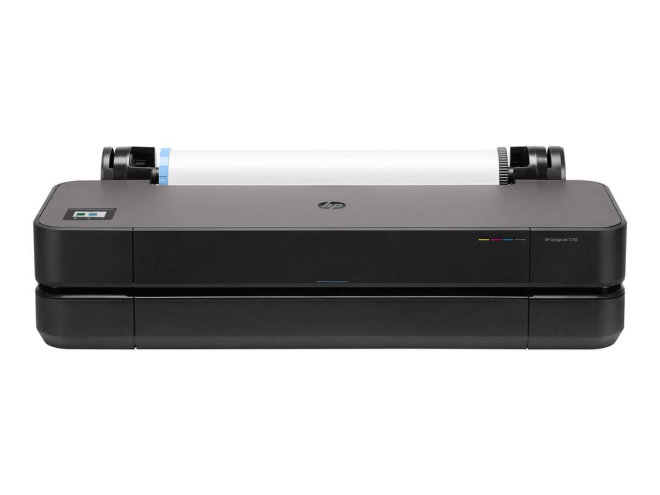 Copy electronic vam predstavlja Ploter HP DesignJet T250 24" Colour Ink-Jet A1, 2400x1200dpi 0.58 min/page USB, LAN, Wi-Fi, 2025 [5HB06D#B19]. Na fotografii je crni ploter. Vidi se prednja strana, sa stražnje strane je valjak za papir.
