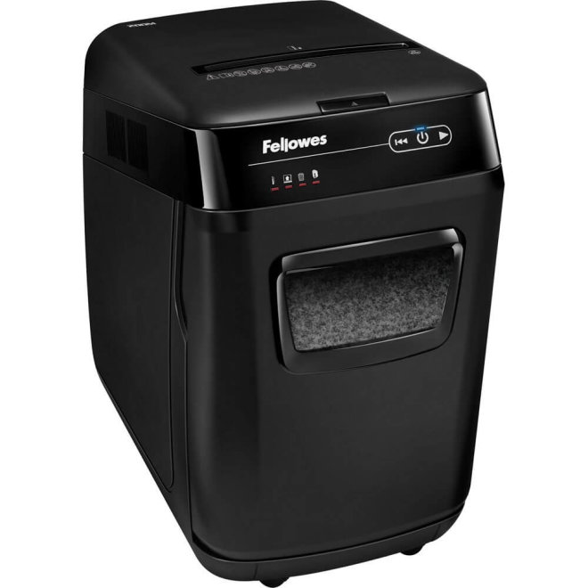Copy electronic vam predstavlja Uništavač papira Fellowes AutoMax™ 200M, razina sigurnosti P-5, do 200 listova A4, kapacitet 32 l. Na fotografiji je crni uređajj. Vidi se prednja strana i dio bočne strane.