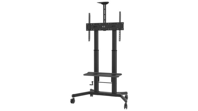 Copy electronic vam predstavlja Stalak za ekrane podni Vision VFM-F26 za modele od 55"-100", do 80kg. Na fotografiji je stalak na 4 točka, na središnjem dijelu su dva stupa a na gornjem dijelu je držač monitora. Vidi se prednja strana