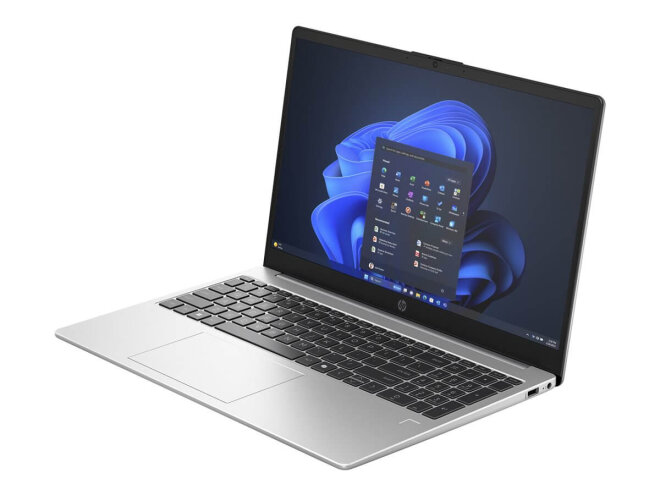 Copy electronic vam predstavlja Laptop HP 255R G10 R5 7535U 15.6" 16GB, SSD1TB, Win11Home [AD1V1ET#BED]. Na fotografiji je srebrni laptop koji je postavljen tako da se vidi prednja strana i desna bočna. Otvoren je pod kutom od 90 stupnjeva. Na ekranu je crno plava pozadina