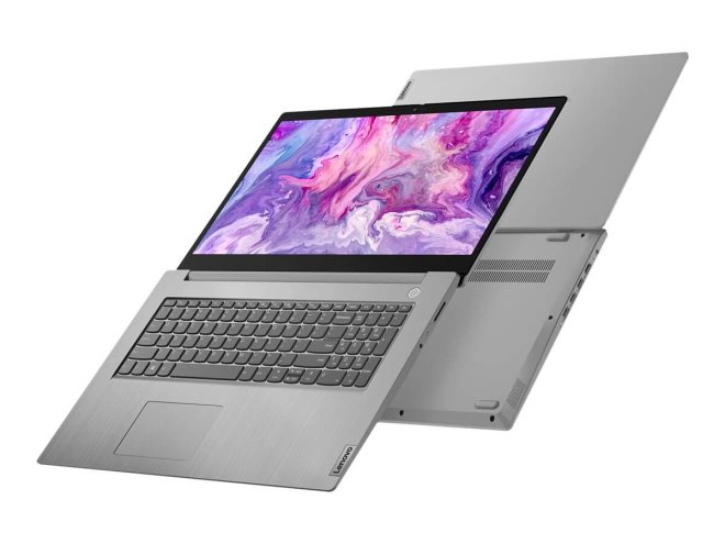 Copy electronic vam predstavlja Laptop LENOVO IdeaPad 3 17ABA7 R5 5625U 17.3", 16GB, SSD512GB, Free dos, [82RQ0088SC]. Na fotografiji su dva laptopa koja su otovrena pod kutom od 180 stupnjeva. Posatavljeni su jedan ispod drugog okrenuti tako da im se zadnje strane skoro dodiruju. Malo su zakrenuti u desnu stranu. Na erkanu je svijelo ljubičasta pozadina a tipkovnica je crne boje.