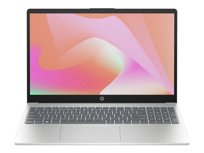 Copy electronic vam predstavlja aptop HP 15-fc0229nm R5 5625U, 16GB, SSD512, Win11Home [BU1Q2EA#BED]. Na fotografiji je srebrni laptop koji je otvoren pod kutom od 90 stupnjeva. Vidi se prednja strana. Ima crnu tipkovnicu i na ekranu je svijetlo roza pozadina.