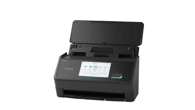 Copy electronic vam predstavlja Skener Ricoh Fujitsu ScanSnap iX2500, A4, duplex, 45 str./min / 90 ipm, Wi-Fi, Bluetooth, crni. Na fotografiji je crni skener sa otovrenim gornjim dijelo gdje se stavlja papir