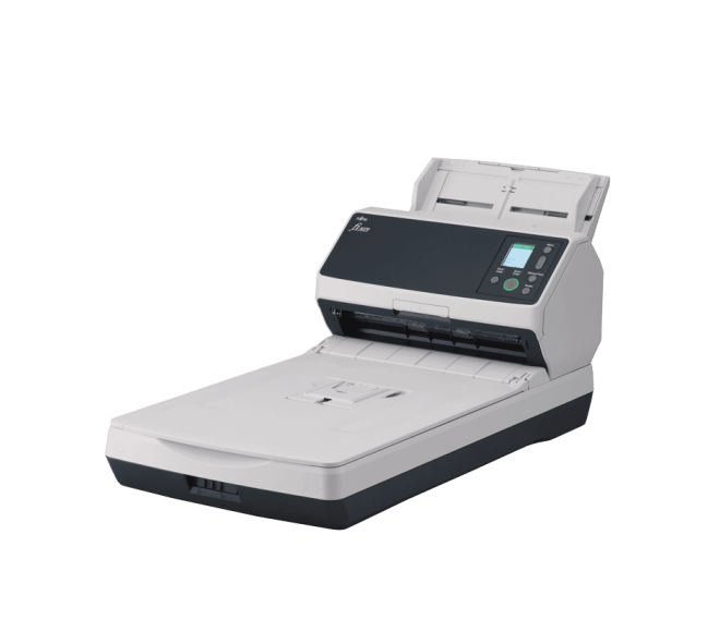 Copy electronic vam predstavlja Skener Ricoh - Fujitsu fi-8270, ADF 100, Flatbed,  1,7ipm, 70ipm/140ipm, Ethernet. Na fotografiji je cnro bijeli skener. Malo je zajrenut u desnu stranu pa se vidi prednja i lijeva bočna strana.
