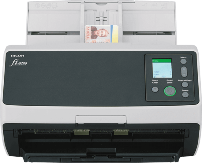 Copy electronic vam predstavlja Skener Ricoh - Fujitsu fi 8190, ADF 100, 90ppm/180ipm, LAN, 13000, PA03810-B001. Na fotografiji je crno bijeli skener. Sa desne strane se nalazi displey sa upravljčkim gumbima